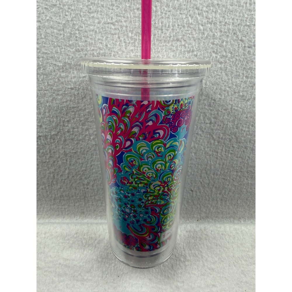 Lilly Pulitzer Insulated Acrylic Tumbler with Pink Straw Multicolor Floral Swirl